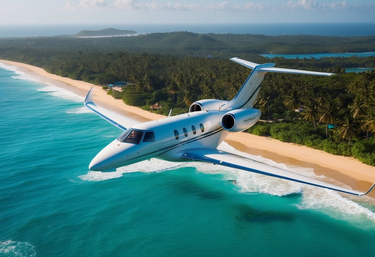 A sleek private jet soaring over the turquoise waters of Sri Lanka's coastline, with palm-fringed beaches and lush greenery below