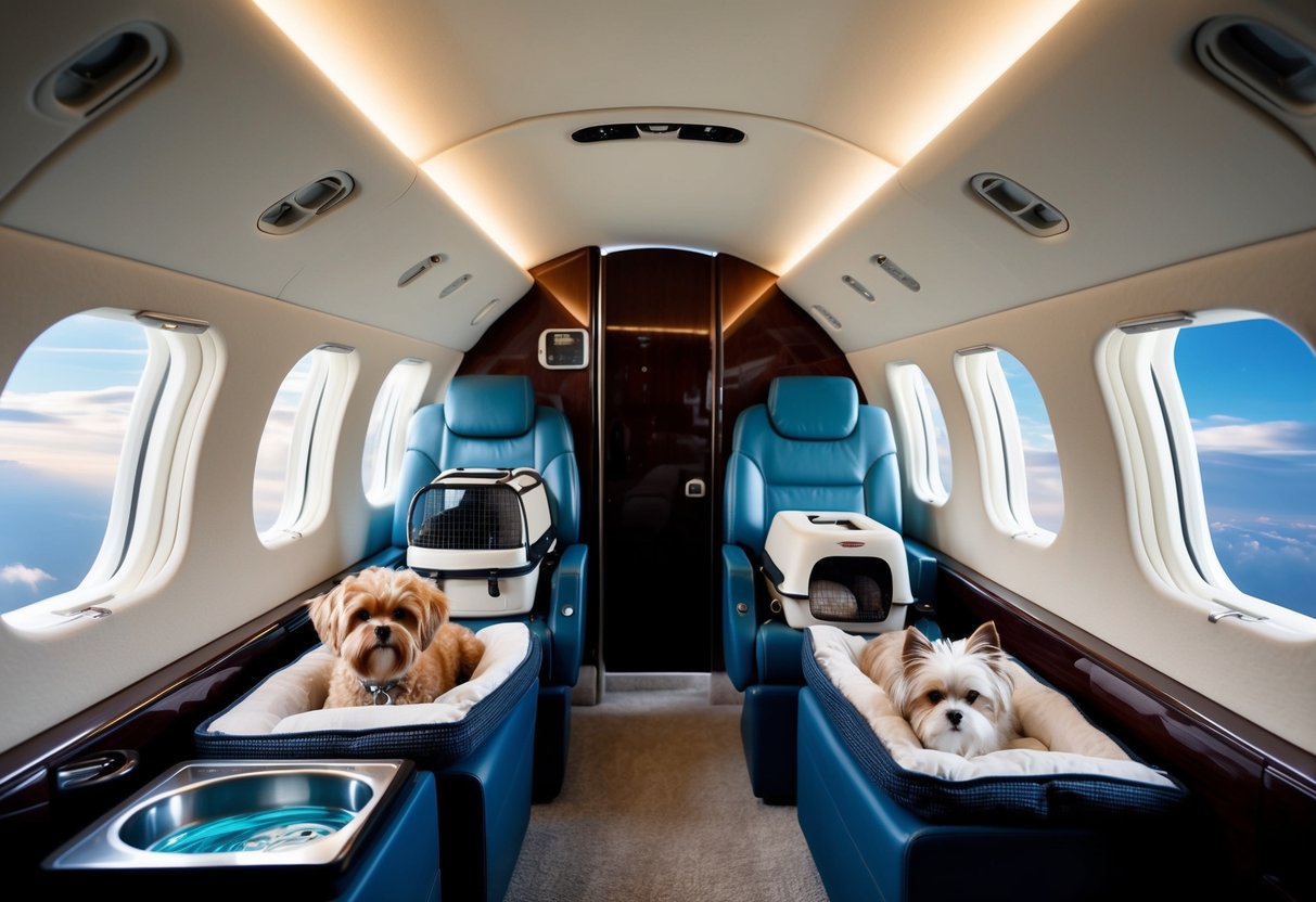 A small private jet cabin with pet carriers, water bowls, and comfortable bedding for pets. The cabin is spacious and well-lit, with large windows offering a view of the sky
