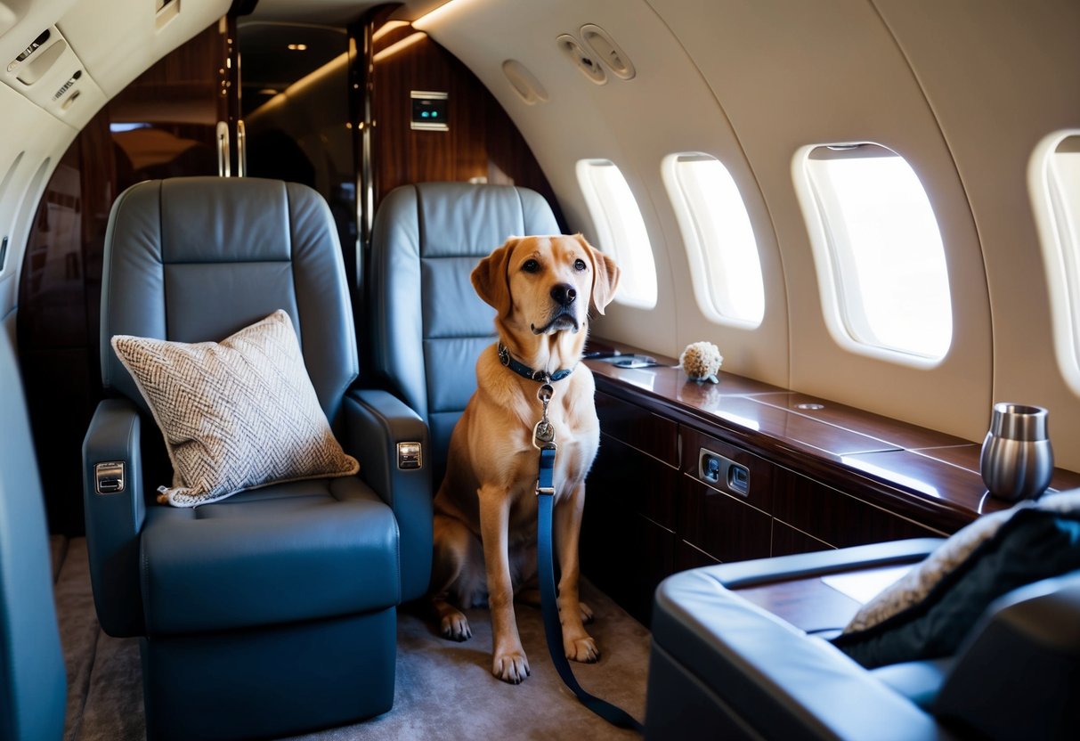 A dog with a leash sits calmly in a luxurious private jet cabin, surrounded by plush seating and pet amenities, as the aircraft prepares for takeoff