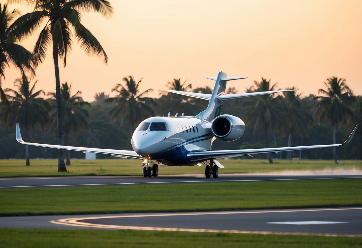 A private jet landing at a modern airport in Sri Lanka, with palm trees and lush greenery in the background